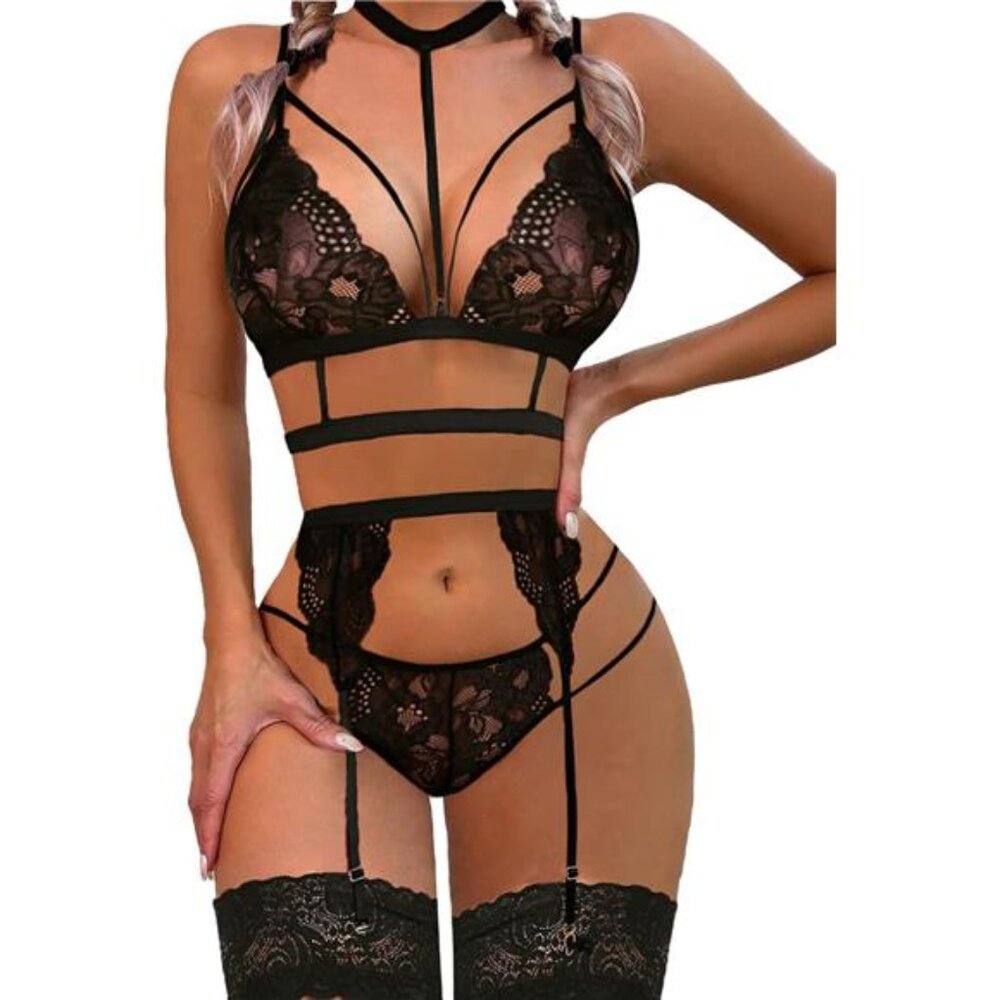 "New Lace Garter Teddy Set w/ Strappy Bra, Panty & Choker – No Stockings"